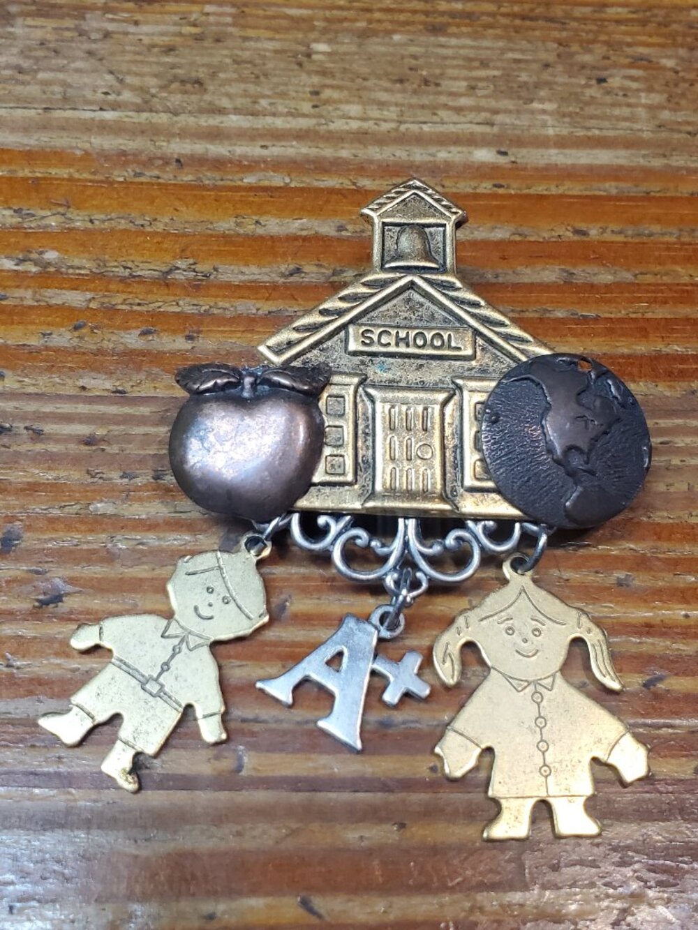 Vintage Mixed Metal Pewter Schoolhouse Dangle Brooch Pin - Teacher Novelty Charm